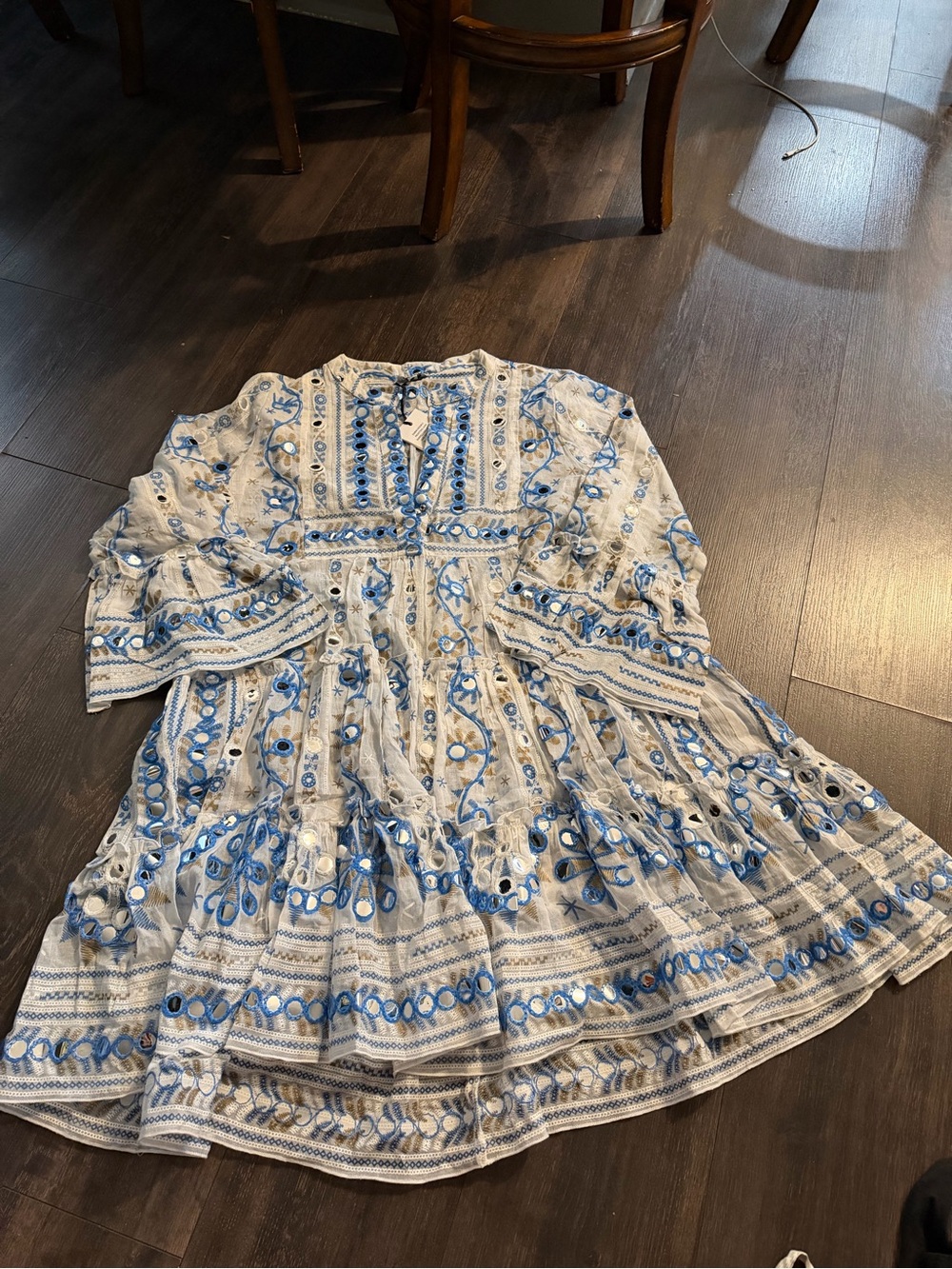 Juliet Dunn Embroidered White & Blue Boho Dress